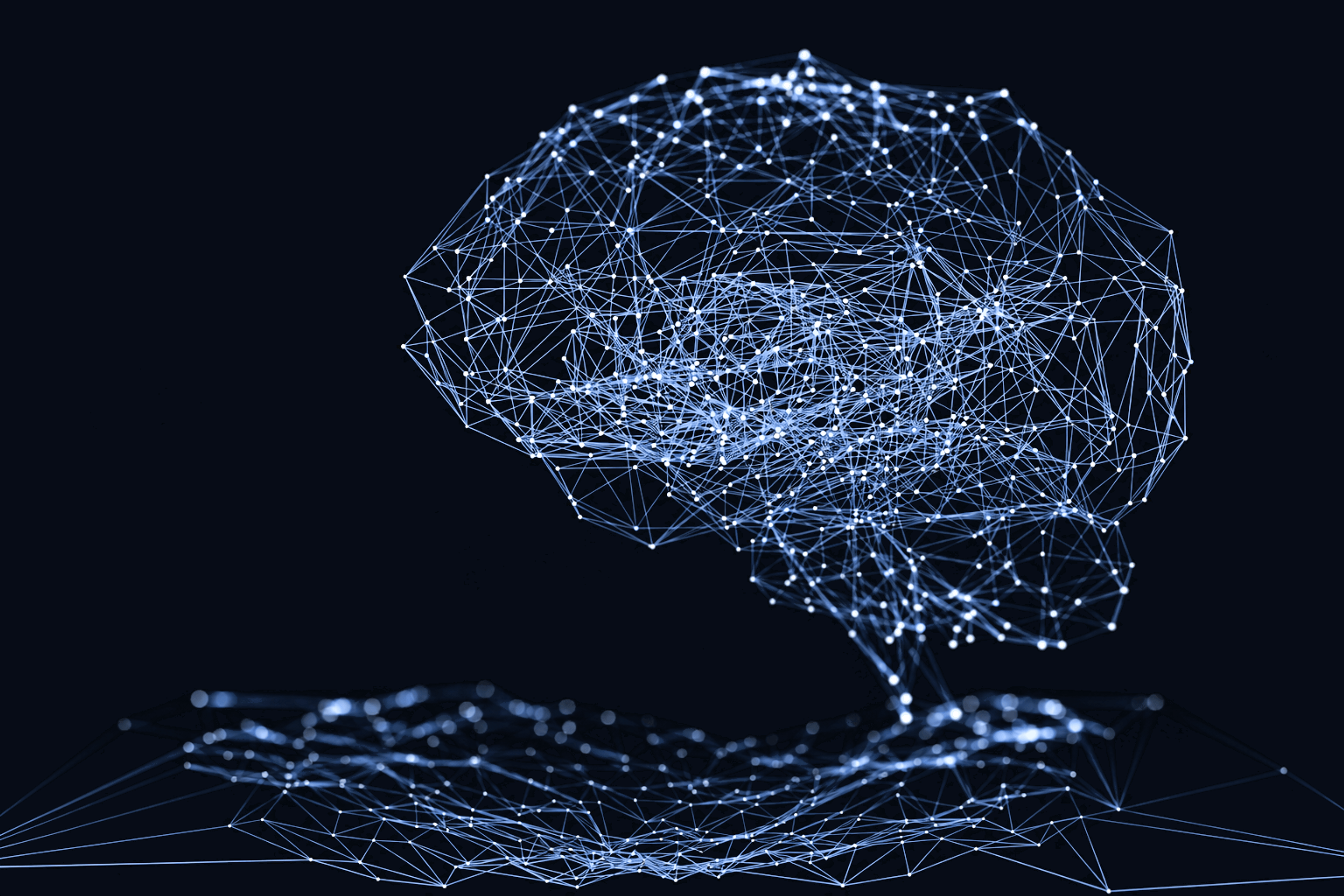 Ice-blue neural network formed into a brain silhouette on Ainfera ink